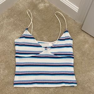 white with blue and pink striped cropped top
